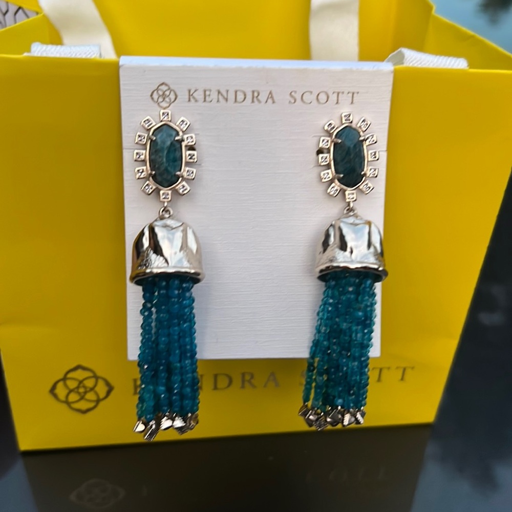 Kendra Scott Blue & Gold Beaded Tassel Drop Statement Earrings - Rare!